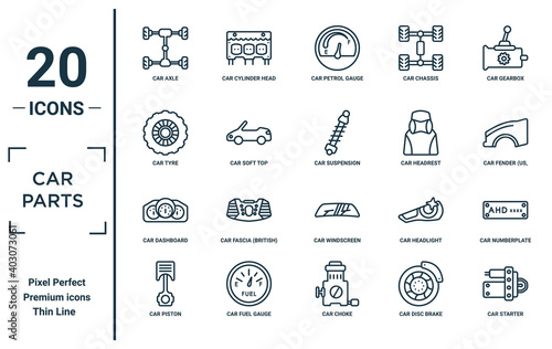 car.parts linear icon set. includes thin line car axle, car tyre, car dashboard, piston, starter, suspension, numberplate icons for report, presentation, diagram, web design