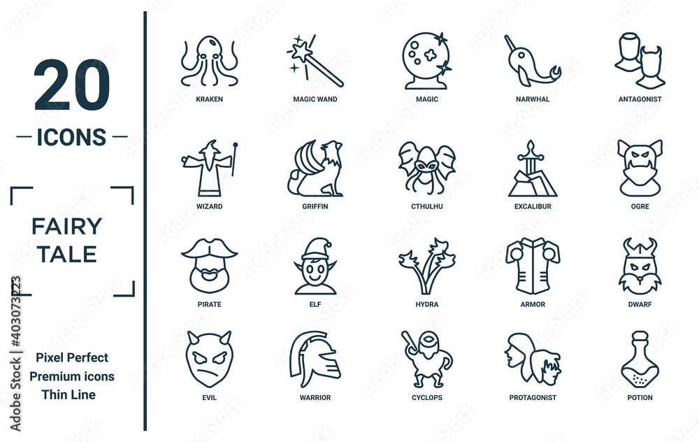fairy.tale linear icon set. includes thin line kraken, wizard, pirate, evil, potion, cthulhu, dwarf icons for report, presentation, diagram, web design