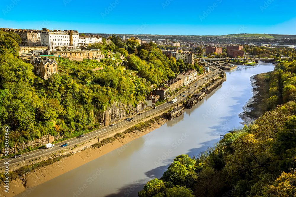 A view up the Avon Gorge from the Clifton Suspension bridge over the River Avon on a bright Autumn day