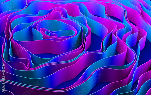 3D illustration of abstract bands colored in pink and blue. Computer generated background image.