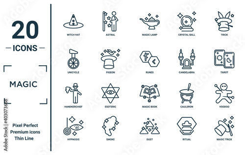 magic linear icon set. includes thin line witch hat, unicycle, handkerchief, hypnosis, magic trick, runes, voodoo icons for report, presentation, diagram, web design