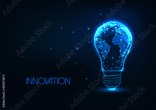 Futuristic global energy, innovation concept with glowing low polygonal light bulb with earth map