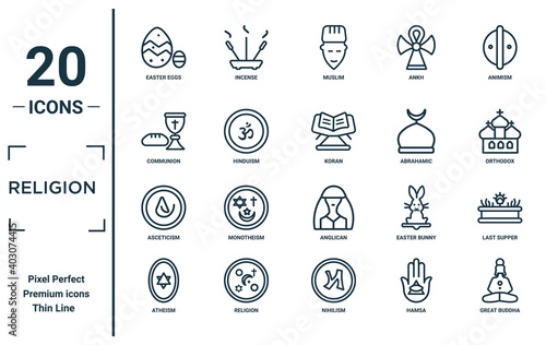 religion linear icon set. includes thin line easter eggs, communion, asceticism, atheism, great buddha, koran, last supper icons for report, presentation, diagram, web design