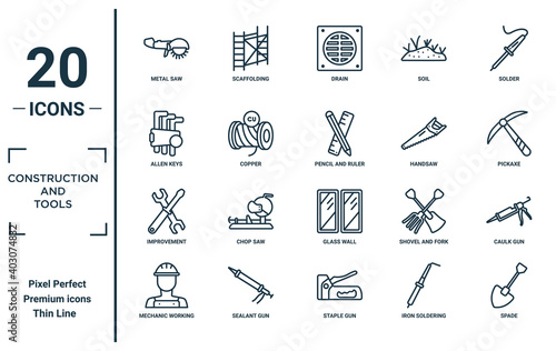 construction.and.tools linear icon set. includes thin line metal saw, allen keys, improvement, mechanic working, spade, pencil and ruler, caulk gun icons for report, presentation, diagram, web