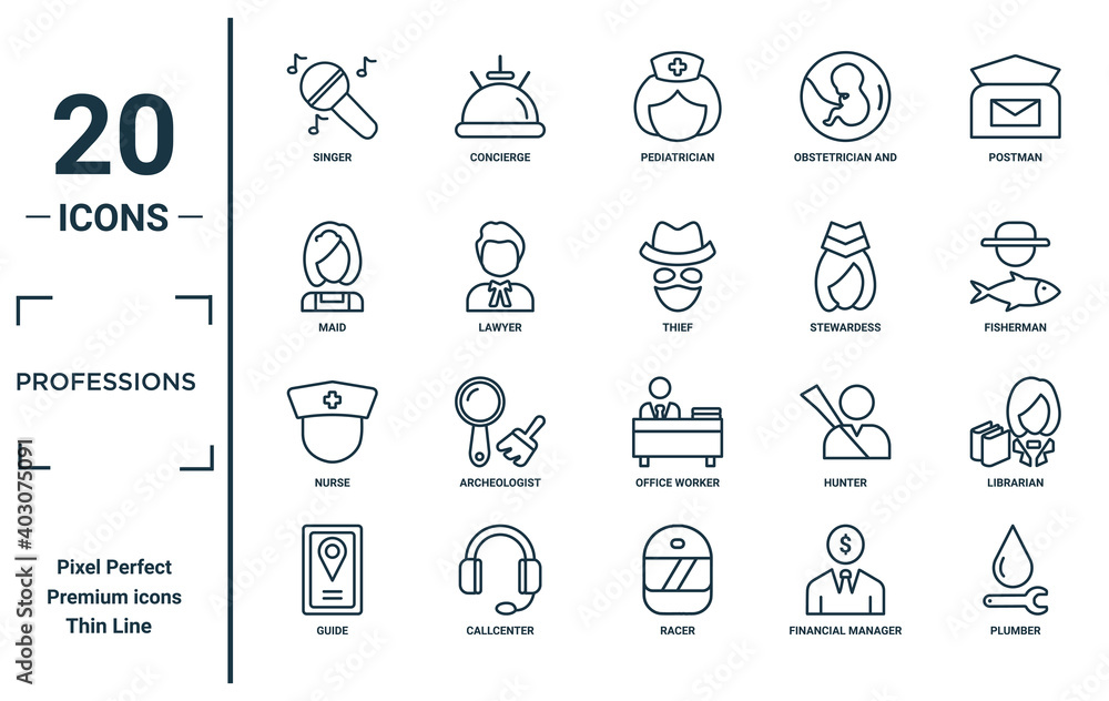professions linear icon set. includes thin line singer, maid, nurse, guide, plumber, thief, librarian icons for report, presentation, diagram, web design