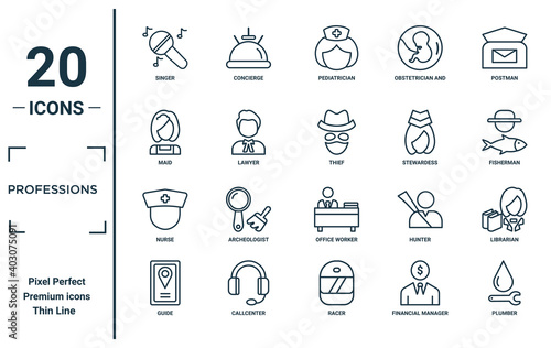 professions linear icon set. includes thin line singer, maid, nurse, guide, plumber, thief, librarian icons for report, presentation, diagram, web design