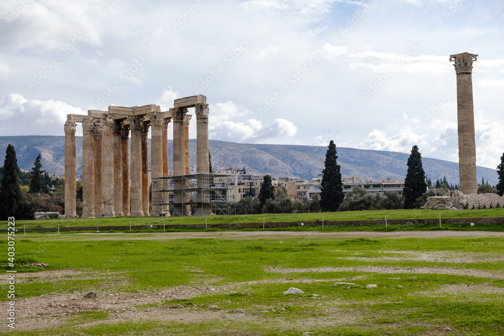 Athens - December 2019: view of Temple of Olympian Zeus