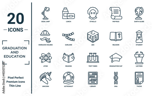 graduation.and.education linear icon set. includes thin line desk lamp, sherlock holmes, atom, unicorn, thesis, abc, lectern icons for report, presentation, diagram, web design