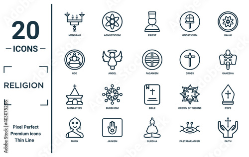 religion linear icon set. includes thin line menorah, god, monastery, monk, faith, paganism, pope icons for report, presentation, diagram, web design