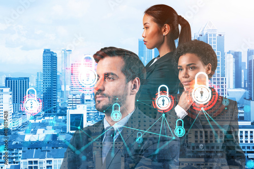Photography Group of business colleagues as a part of multinational corporate team working on project to protect clients information at cybersecurity compliance division