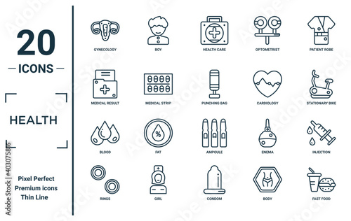 health linear icon set. includes thin line gynecology, medical result, blood, rings, fast food, punching bag, injection icons for report, presentation, diagram, web design