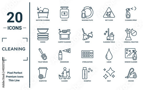 cleaning linear icon set. includes thin line bathtub cleaning, dishes, toilet brush, dumpster, hoover, sweep, window cleaner icons for report, presentation, diagram, web design