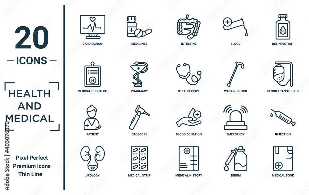 health.and.medical linear icon set. includes thin line cardiogram ...