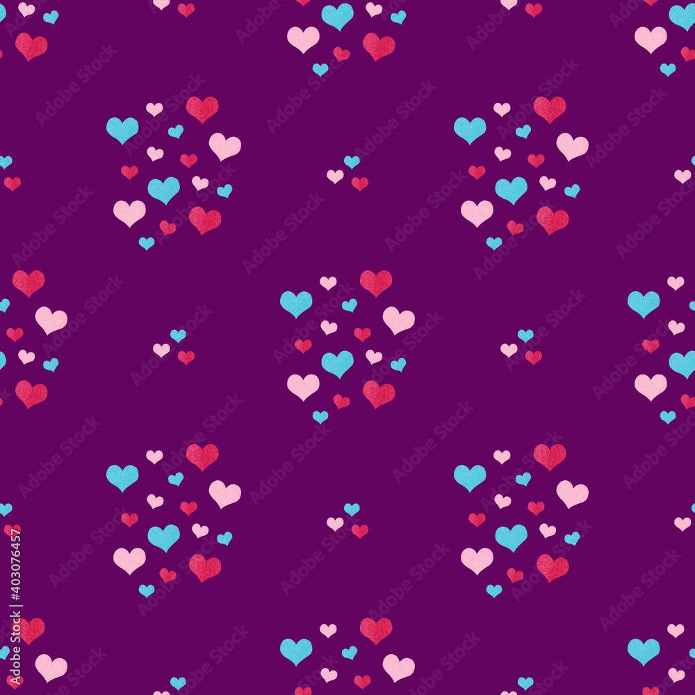 Watercolor pattern of blue, dark pink and light pink hearts on the purple background