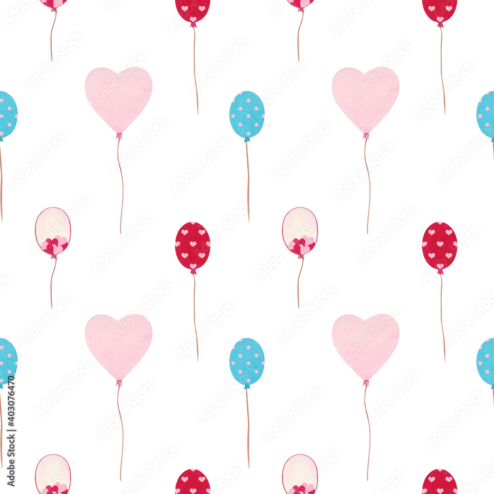 Watercolor helium balloons pattern on the white background