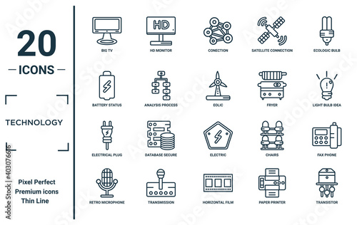 technology linear icon set. includes thin line big tv, battery status, electrical plug, retro microphone, transistor, eolic, fax phone icons for report, presentation, diagram, web design