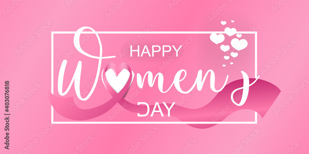 Woman's day poster, banner, flyer, greeting card. International Women's Day celebrate 8 March. Pink ribbon and white hearts on pink background. Vector illustration