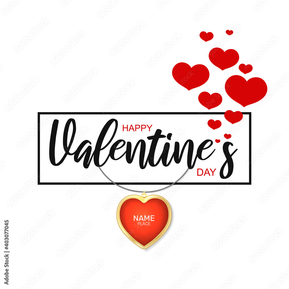 Happy St. Valentine's day hand drawn text and red 3d heart pendant. Postcard, greeting card, invitation, banner, placard,  poster concept design template. Romantic quote. Vector illustration