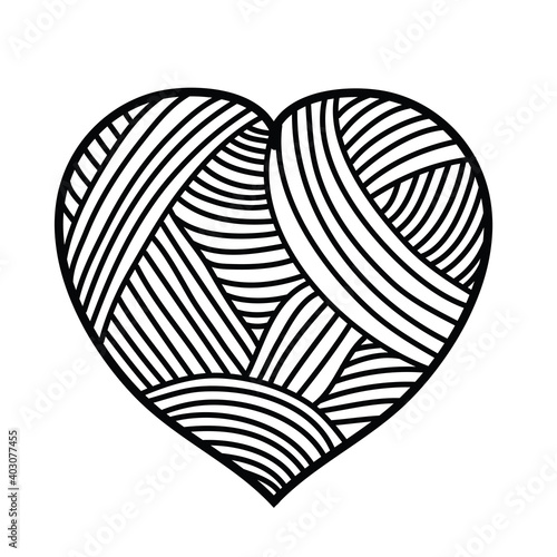 Heart like a ball of thread, heart braided with ribbons, doodle style, hand drawn vector