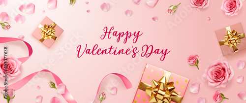 Valentines Day background with rose petals and rose buds. Rose flowers with pink ribbon and gift boxes on pink background. 3d realistic vector. Holiday poster, flyer, banner.