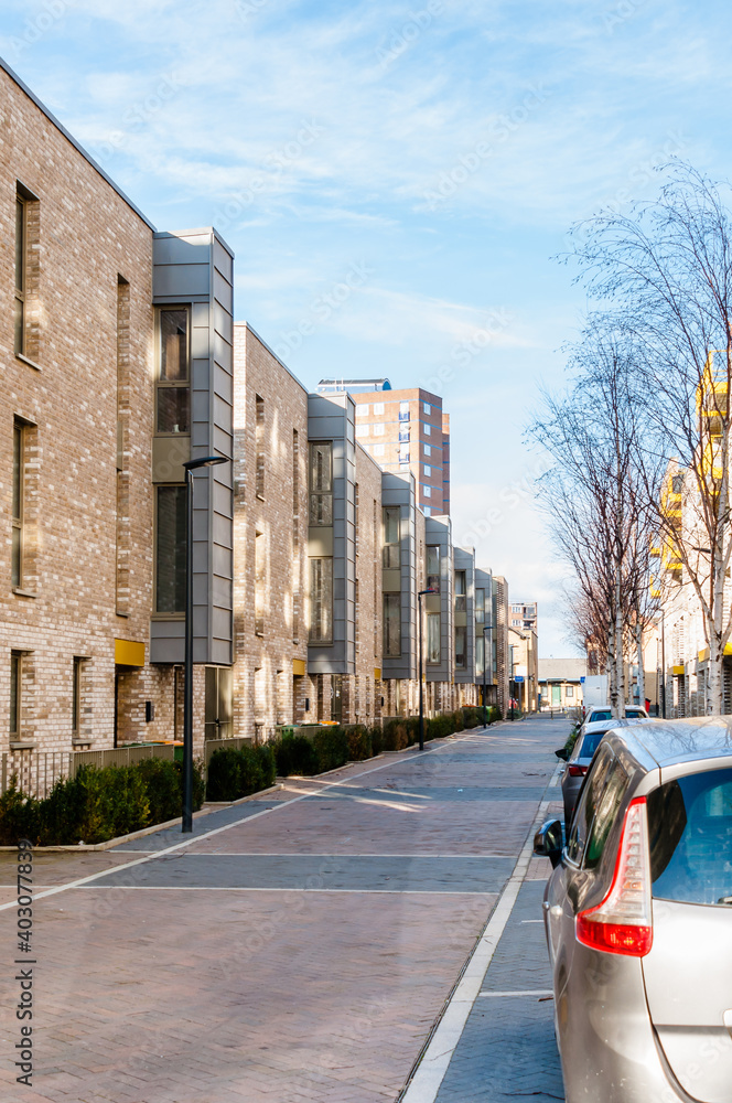 Fototapeta premium London, United Kingdom, January 04, 2021:New modern apartment block of flats on Albion way, The Forge, Upton Park, London 