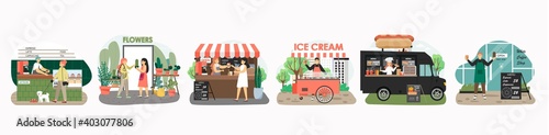 Street food carts with coffee, hot dog, ice cream. Fast food truck, festival stall. Small business concept vector illustration in flat style. Barista in cafe, woman sell flowers in shop