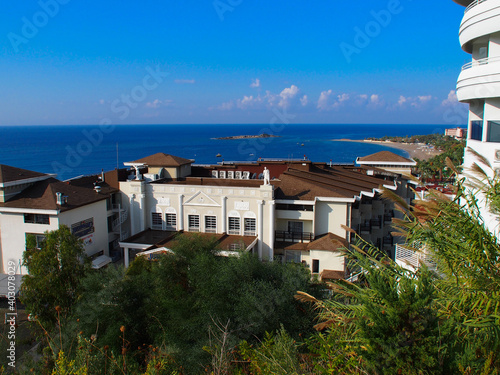 View on the sea from the top above red building in Alanya, Turkey.