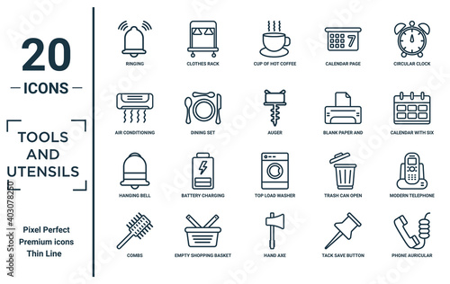 tools.and.utensils linear icon set. includes thin line ringing, air conditioning, hanging bell, combs, phone auricular with cable, auger, modern telephone icons for report, presentation, diagram,