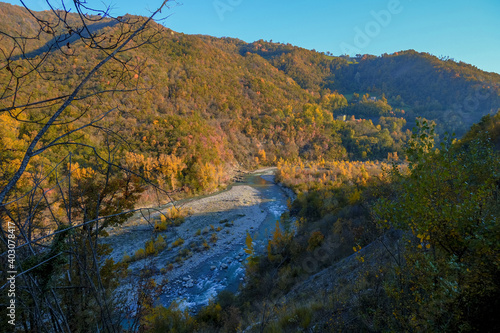 mountain river across autumnal forest. Water reflections. Autumn nature background