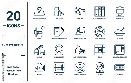 entertainment linear icon set. includes thin line board games with roles, dunk, sawing, jackpot, gambler, board games set, snakes and ladders icons for report, presentation, diagram, web design