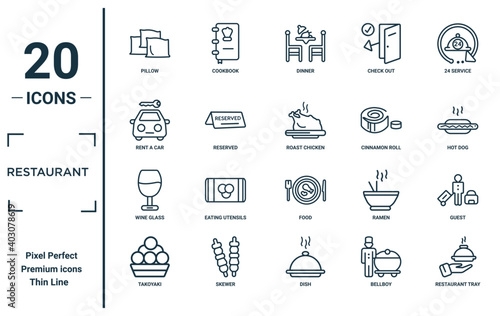 restaurant linear icon set. includes thin line pillow, rent a car, wine glass, takoyaki, restaurant tray, roast chicken, guest icons for report, presentation, diagram, web design