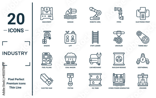 industry linear icon set. includes thin line machinery, sheave, fuel filling, electric saw, crusher, step ladder, geothermal icons for report, presentation, diagram, web design