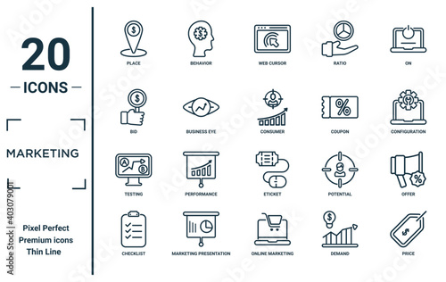 marketing linear icon set. includes thin line place, bid, testing, checklist, price, consumer, offer icons for report, presentation, diagram, web design