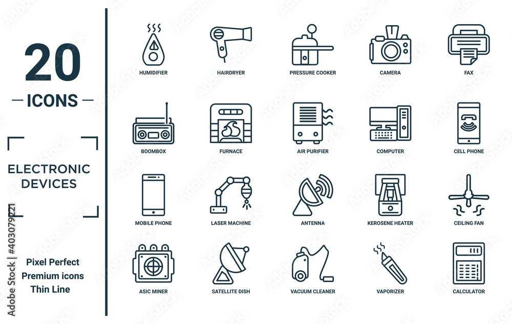 electronic.devices linear icon set. includes thin line humidifier, boombox,  mobile phone, asic miner, calculator, air purifier, ceiling fan icons for  report, presentation, diagram, web design Stock Vector | Adobe Stock