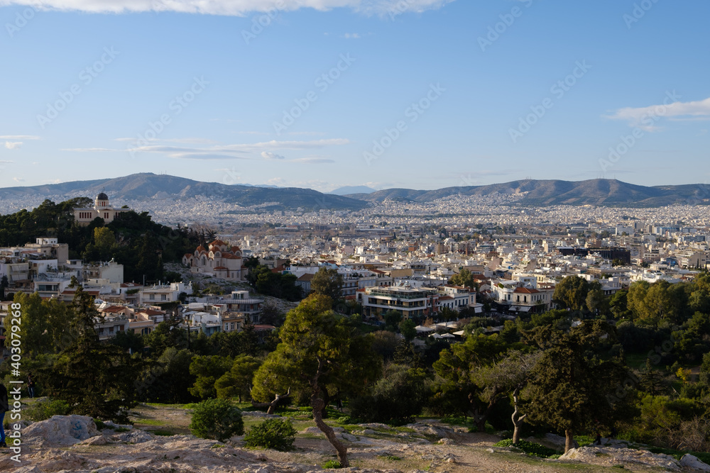 Athens - December 2019: view of athens from Areopago hill