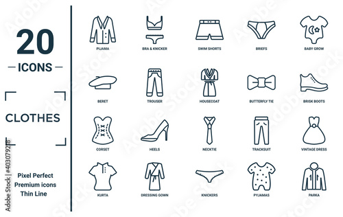 clothes linear icon set. includes thin line pijama, beret, corset, kurta, parka, housecoat, vintage dress icons for report, presentation, diagram, web design