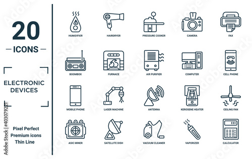 electronic.devices linear icon set. includes thin line humidifier, boombox, mobile phone, asic miner, calculator, air purifier, ceiling fan icons for report, presentation, diagram, web design
