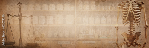 Ancient pharmaceutical scales and bottles with medicines, skeleton and scales on vintage brown paper background. Old pharmacy, medicine and chemistry background. Retro style. photo