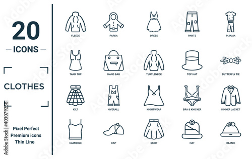 clothes linear icon set. includes thin line fleece, tank top, kilt, camisole, beanie, turtleneck, dinner jacket icons for report, presentation, diagram, web design