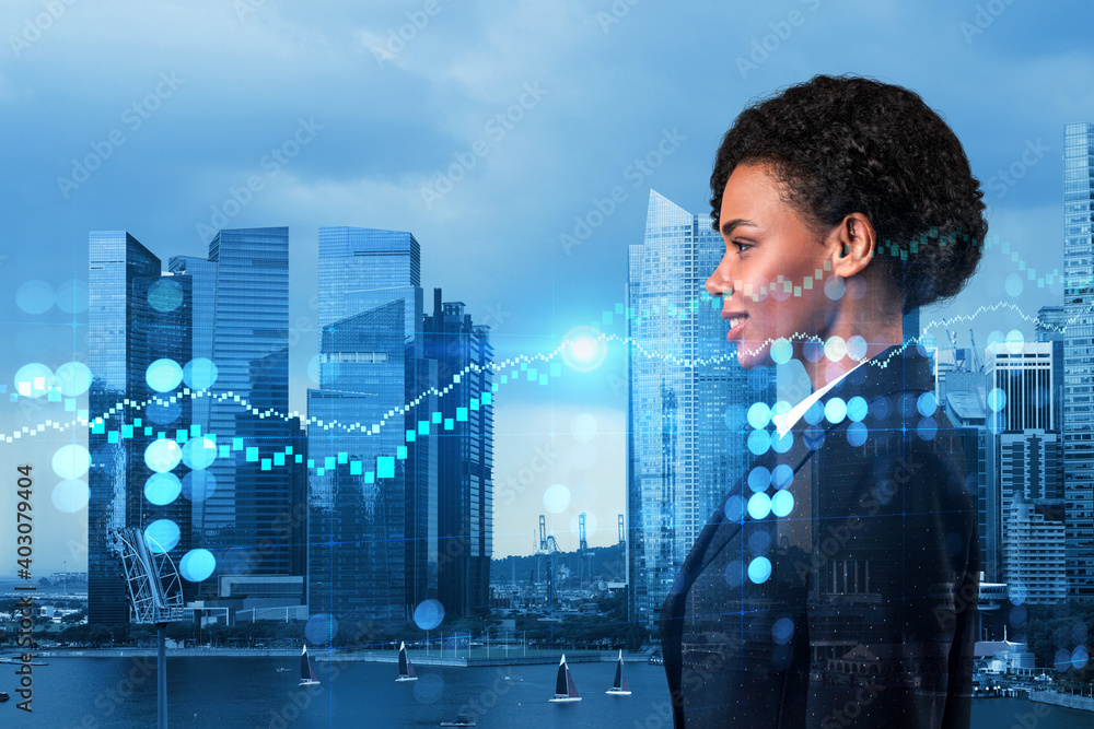 Attractive black woman trader and stock market analyst in suit dreaming about market behavior and forecast in crisis. Women in business concept. Forex chart. Singapore. Double exposure. Attractive black woman trader and stock market analyst in suit dreaming about market behavior and forecast in crisis. Women in business concept. Forex chart. Singapore. Double exposure.