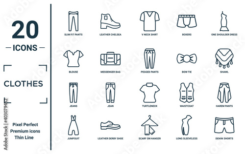clothes linear icon set. includes thin line slim fit pants, blouse, jeans, jumpsuit, denim shorts, pegged pants, harem pants icons for report, presentation, diagram, web design