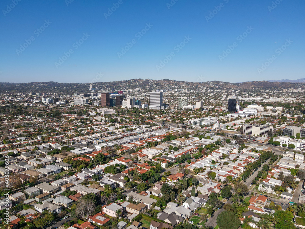 Aerial view above Mid-City neighborhood in Central Los Angeles, California. USA