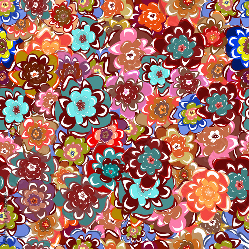 Childrens pattern flowers. Seamless floral dense pattern. Bright multi-colored flowers. Bright blue flowers.