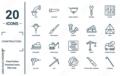 construction linear icon set. includes thin line pipe, jackhammer, bulldozer, nail gun, crowbar, screws, concrete mixer icons for report, presentation, diagram, web design