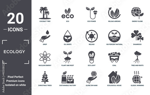 ecology icon set. include creative elements as coconut tree, energy globe, 100 percent natural, eco light, sustainable factory, nuclear energy filled icons can be used for web design, presentation,