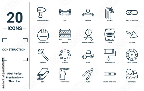 construction linear icon set. includes thin line cordless drill, safety helmet, hammer, beam, concrete, cement mixers, circular saw icons for report, presentation, diagram, web design