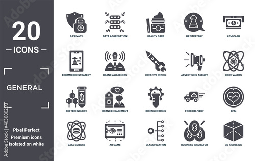 general icon set. include creative elements as e-privacy, atm cash, advertising agency, bioengineering, ar game, bio technology filled icons can be used for web design, presentation, report and