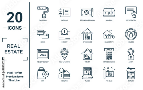 real.estate linear icon set. includes thin line paint roll, slides, advertisement, buy, duplex, storehouse, agent icons for report, presentation, diagram, web design