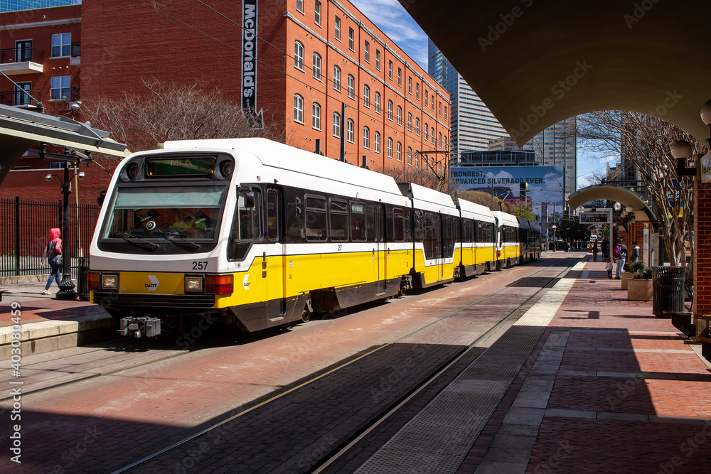 DALLAS, USA - March 16, 2019: Dallas Area Rapid Transit (DART) train at the  West End Station in Dallas. Texas, United States Photos | Adobe Stock