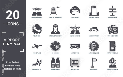 airport.terminal icon set. include creative elements as landing runway, direction post, gangway truck, airport bus, lifesaver best, plane flying filled icons can be used for web design,